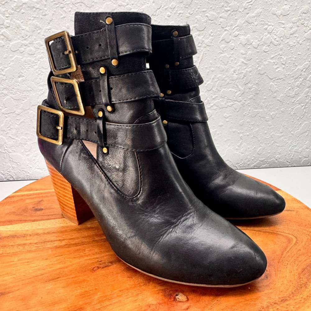 Miz Mooz Womens 7 Black Leather Multi Strap Buckle Studded Ankle Boots